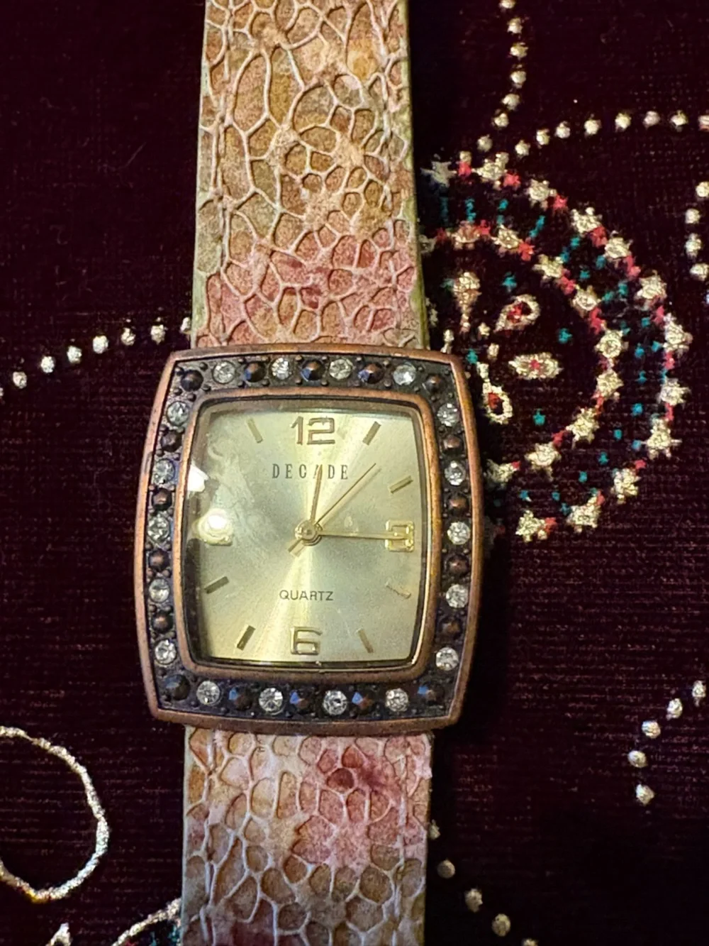Vintage Decade Crystal Square Face Watch w/Multicolor Textured Strap
